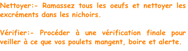 Nettoyer:- Ramassez tous les oeufs et nettoyer les excréments dans les nichoirs.

Vérifier:- Procéder à une vérification finale pour veiller à ce que vos poulets mangent, boire et alerte.

