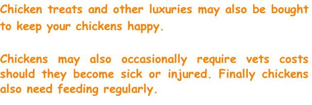 Chicken treats and other luxuries may also be bought to keep your chickens happy.

Chickens may also occasionally require vets costs should they become sick or injured. Finally chickens also need feeding regularly.
