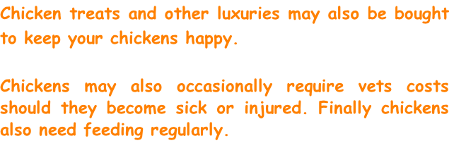 Chicken treats and other luxuries may also be bought to keep your chickens happy.

Chickens may also occasionally require vets costs should they become sick or injured. Finally chickens also need feeding regularly.
